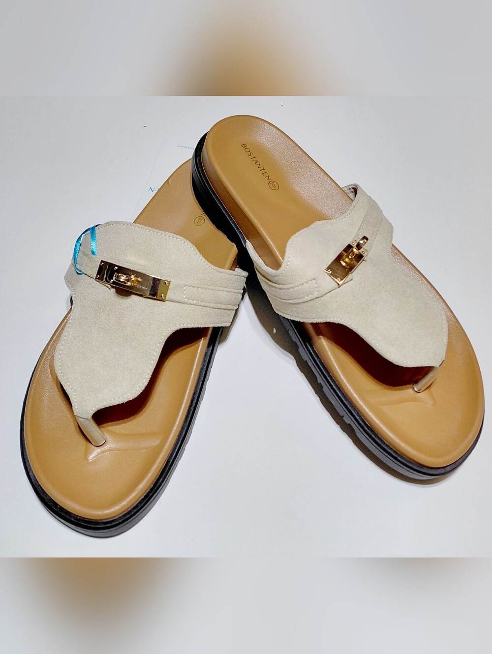 BOSTANTEN Women's Beige Thong Slip On Slide Flat Sandals Size 8